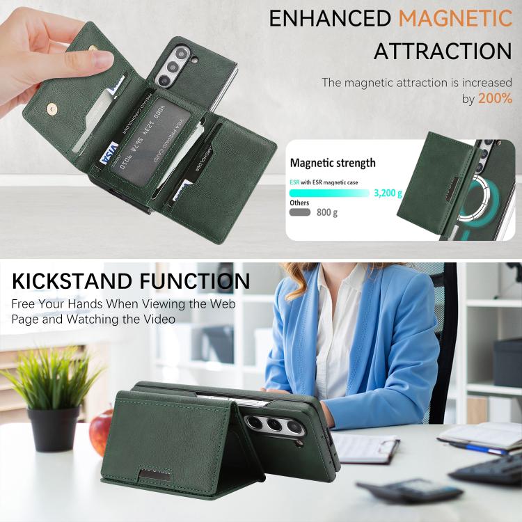 Funda de cuero con adhesivo lateral para Samsung Galaxy Z Fold6, con cierre magnético MagSafe, triple pliegue, Kalebol (verde)
