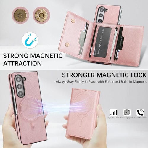 Funda de cuero con adhesivo lateral para Samsung Galaxy Z Fold6, con cierre magnético MagSafe, triple pliegue, Kalebol (oro rosa)