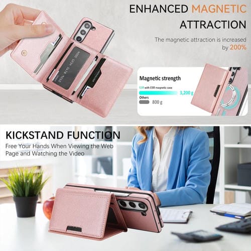 Funda de cuero con adhesivo lateral para Samsung Galaxy Z Fold6, con cierre magnético MagSafe, triple pliegue, Kalebol (oro rosa)