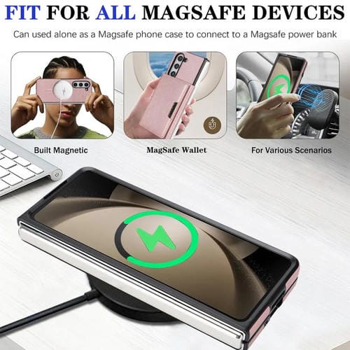 Funda de cuero con adhesivo lateral para Samsung Galaxy Z Fold6, con cierre magnético MagSafe, triple pliegue, Kalebol (oro rosa)