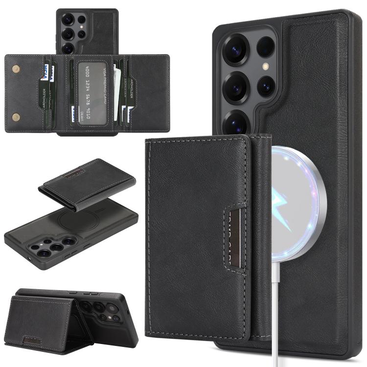 Funda de cuero con tres pliegues y adhesivo lateral para Samsung Galaxy S24 Ultra 5G (negro)