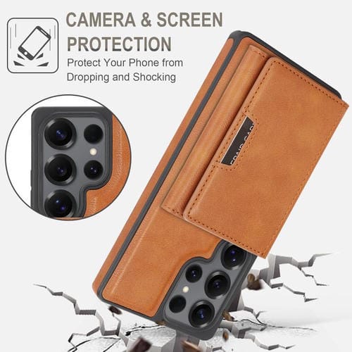 Funda de cuero con tres pliegues y adhesivo lateral para Samsung Galaxy S24 Ultra 5G (marrón)