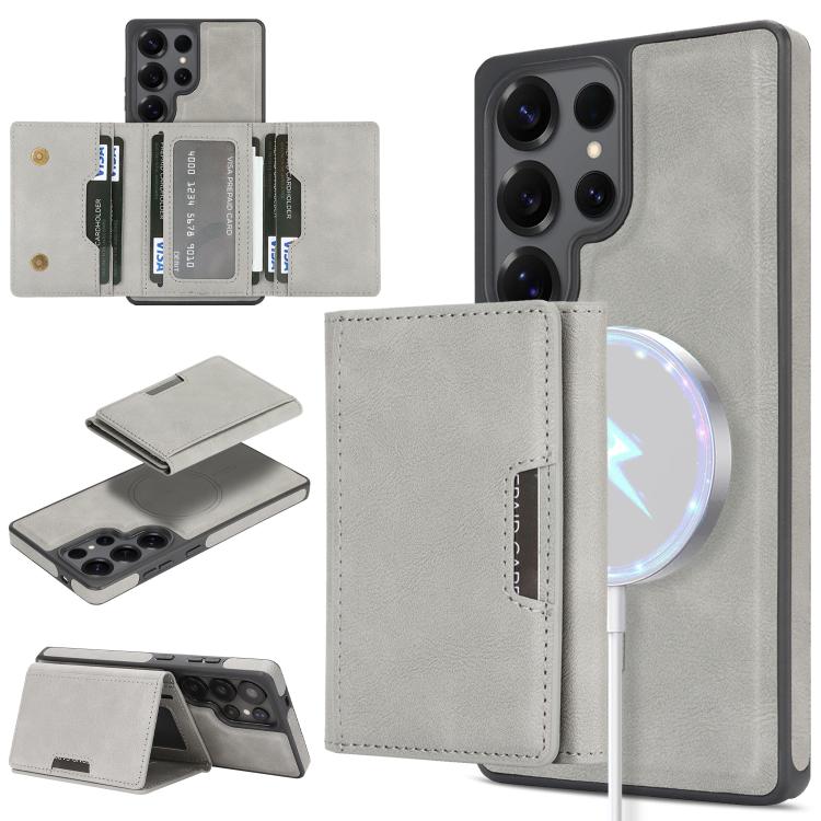 Funda de cuero con tres pliegues y adhesivo lateral para Samsung Galaxy S24 Ultra 5G (gris)