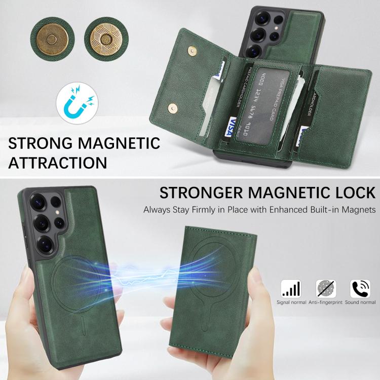 Funda de cuero con tres pliegues y adhesivo lateral para Samsung Galaxy S24 Ultra 5G (verde)