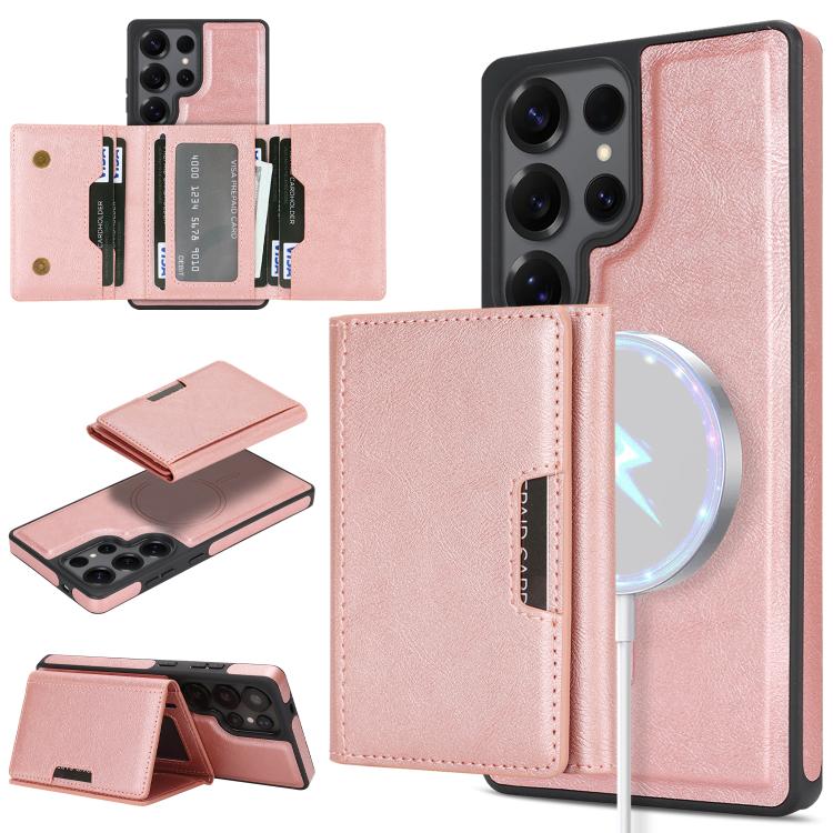 Funda de cuero con tres pliegues y adhesivo lateral para Samsung Galaxy S24 Ultra 5G (rosa y dorado)