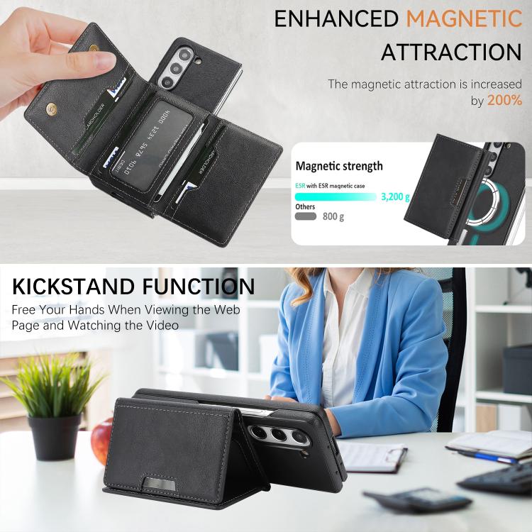 Funda de cuero con adhesivo lateral para Samsung Galaxy Z Fold5, con cierre magnético MagSafe, triple pliegue, Kalebol (negro)