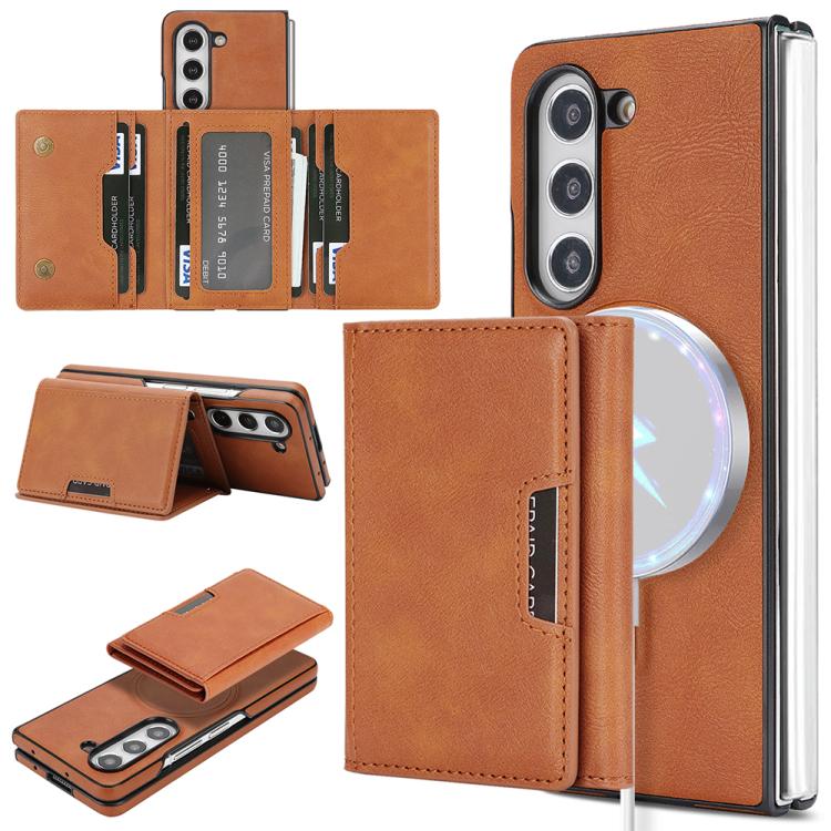 Funda de cuero con adhesivo lateral para Samsung Galaxy Z Fold5, con cierre magnético MagSafe, triple pliegue, Kalebol (marrón)