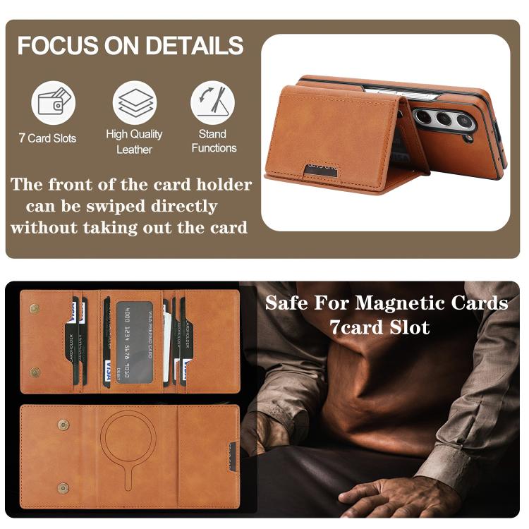 Funda de cuero con adhesivo lateral para Samsung Galaxy Z Fold5, con cierre magnético MagSafe, triple pliegue, Kalebol (marrón)
