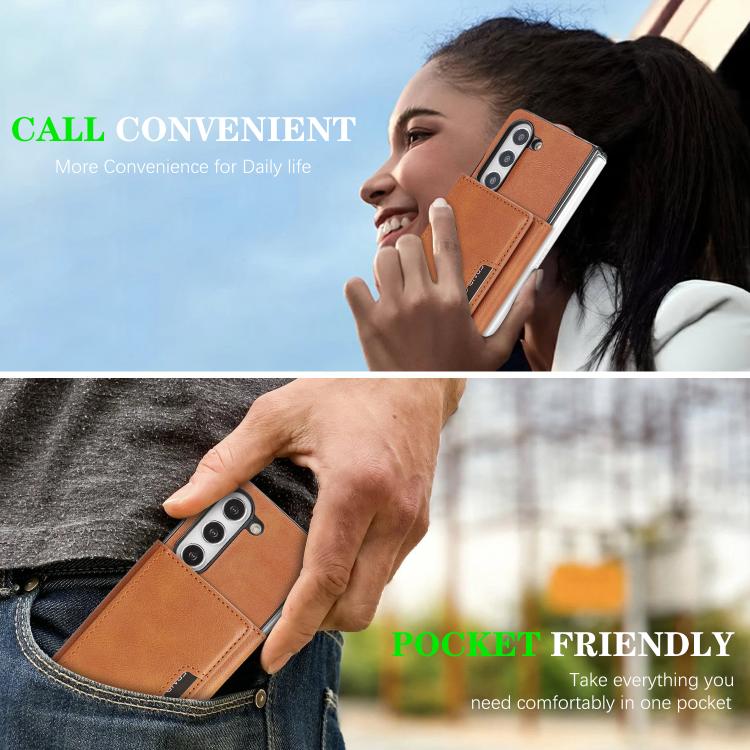 Funda de cuero con adhesivo lateral para Samsung Galaxy Z Fold5, con cierre magnético MagSafe, triple pliegue, Kalebol (marrón)