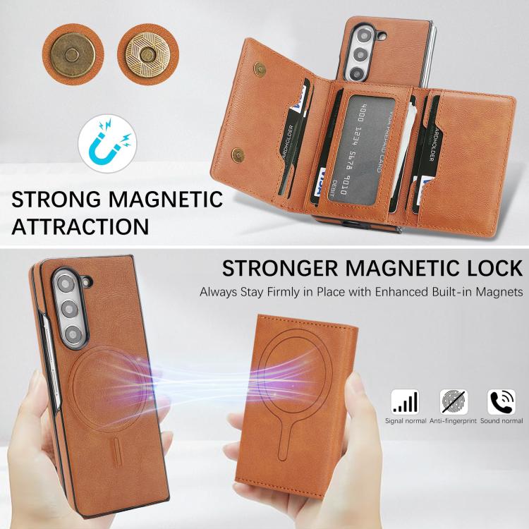 Funda de cuero con adhesivo lateral para Samsung Galaxy Z Fold5, con cierre magnético MagSafe, triple pliegue, Kalebol (marrón)