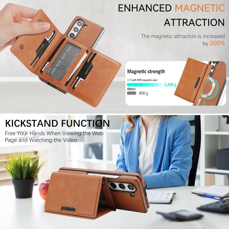 Funda de cuero con adhesivo lateral para Samsung Galaxy Z Fold5, con cierre magnético MagSafe, triple pliegue, Kalebol (marrón)