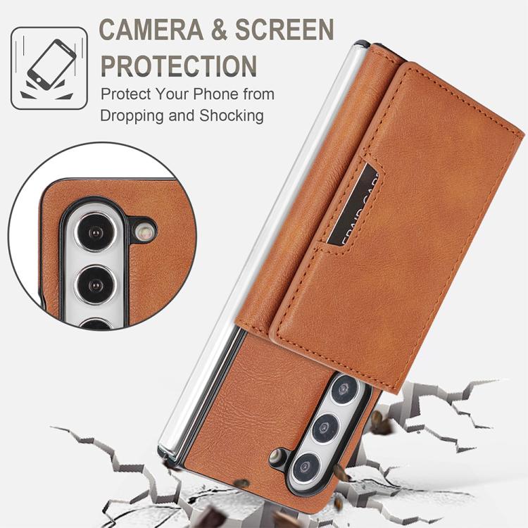 Funda de cuero con adhesivo lateral para Samsung Galaxy Z Fold5, con cierre magnético MagSafe, triple pliegue, Kalebol (marrón)