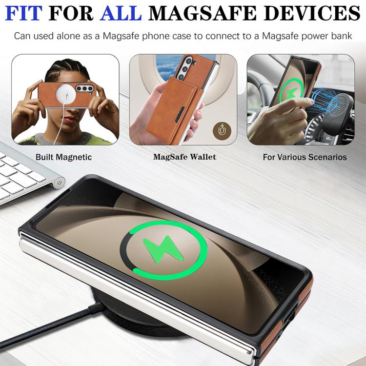 Funda de cuero con adhesivo lateral para Samsung Galaxy Z Fold5, con cierre magnético MagSafe, triple pliegue, Kalebol (marrón)
