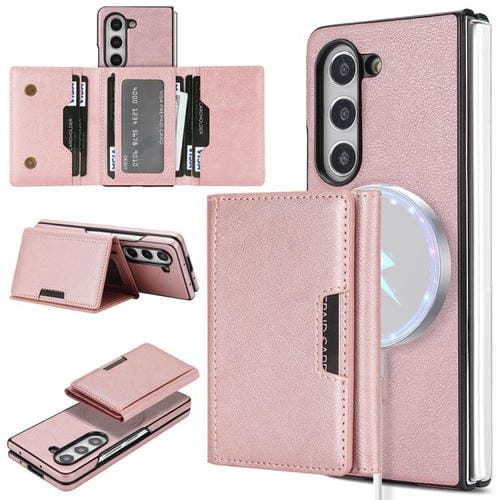 Funda de cuero con adhesivo lateral para Samsung Galaxy Z Fold5, con cierre magnético MagSafe, triple pliegue, Kalebol (oro rosa)