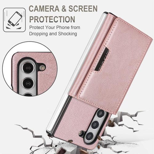 Funda de cuero con adhesivo lateral para Samsung Galaxy Z Fold5, con cierre magnético MagSafe, triple pliegue, Kalebol (oro rosa)