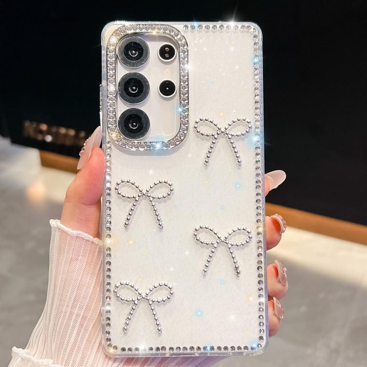 Funda antigolpes con lazo de cuatro esquinas y purpurina de diamante para Samsung Galaxy S24 FE 5G (blanca)