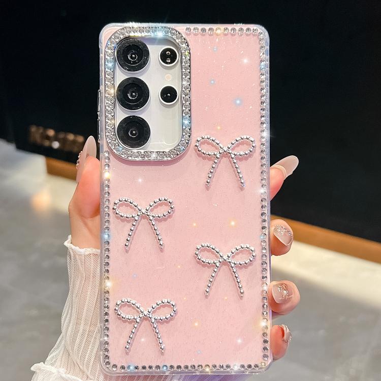Funda antigolpes con lazo de cuatro esquinas y purpurina de diamante para Samsung Galaxy A55 5G (rosa claro)