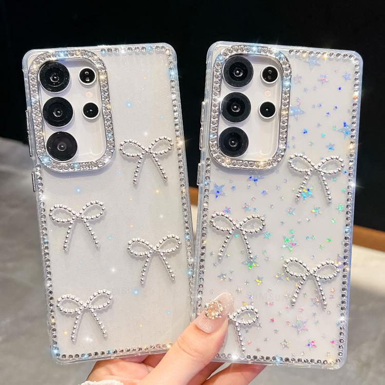 Funda antigolpes con lazo de cuatro esquinas y purpurina de diamante para Samsung Galaxy S24 FE 5G (rosa claro)