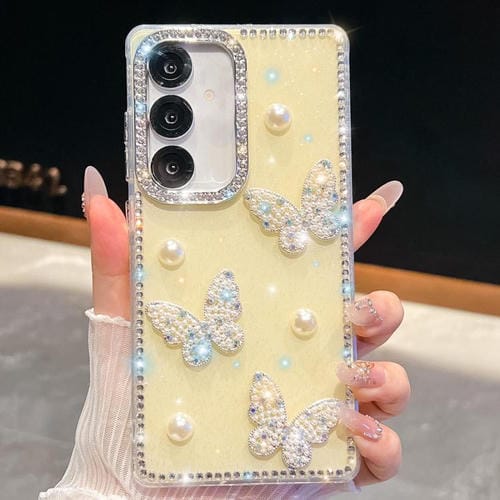 Funda para Samsung Galaxy S25+ 5G con diseño de mariposa, con purpurina y diamantes, a prueba de golpes (amarillo claro)