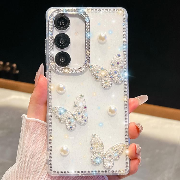 Funda para Samsung Galaxy S25+ 5G con diseño de mariposa, con purpurina y diamantes, antigolpes en cuatro esquinas (blanca)