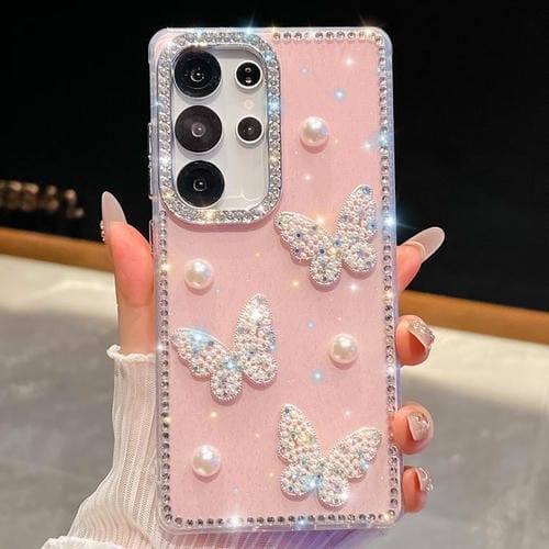 Funda para Samsung Galaxy S25 Ultra 5G con diseño de mariposa, purpurina y diamantes, a prueba de golpes (rosa claro)