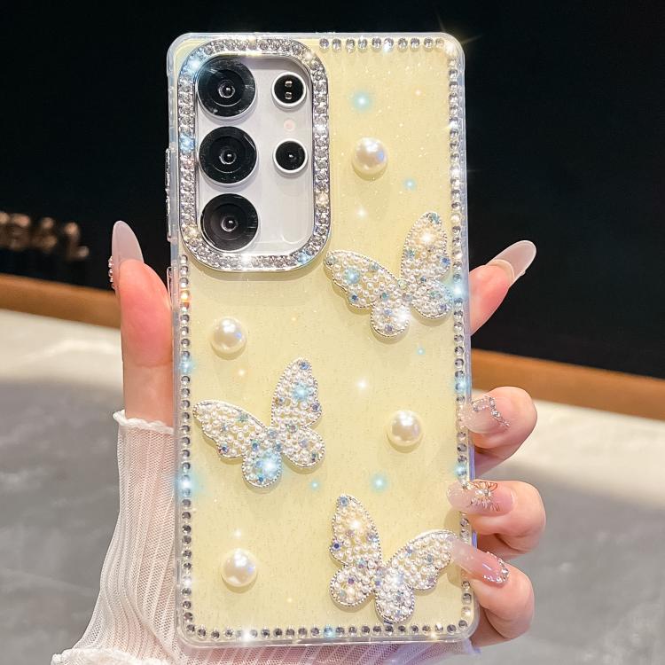 Funda para Samsung Galaxy S25 Ultra 5G con diseño de mariposa, con purpurina y diamantes, a prueba de golpes en cuatro esquinas (amarillo claro)