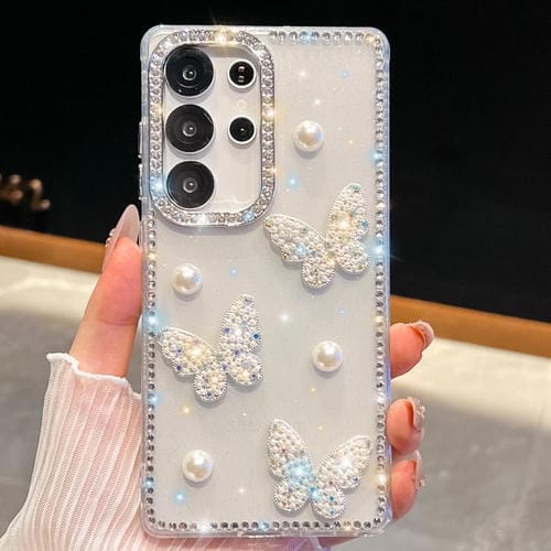 Funda transparente para Samsung Galaxy S25 Ultra 5G con diseño de mariposa, con purpurina y diamantes en las cuatro esquinas, a prueba de golpes (transparente)
