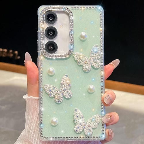 Funda para Samsung Galaxy A16 5G con diseño de mariposa, con purpurina y diamantes, a prueba de golpes (verde claro)