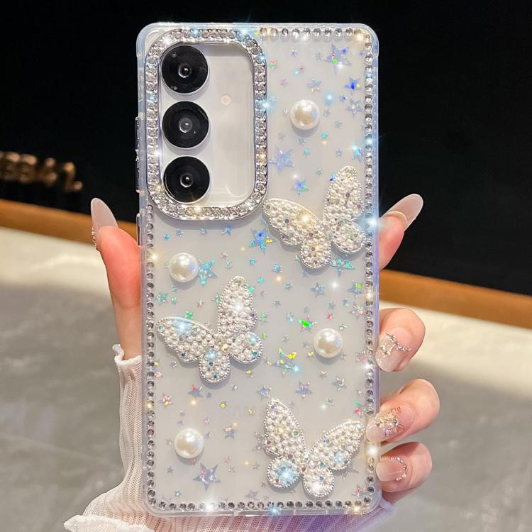 Funda para Samsung Galaxy S24 FE 5G con diseño de mariposas y purpurina de diamante en cuatro esquinas (estrellas transparentes)