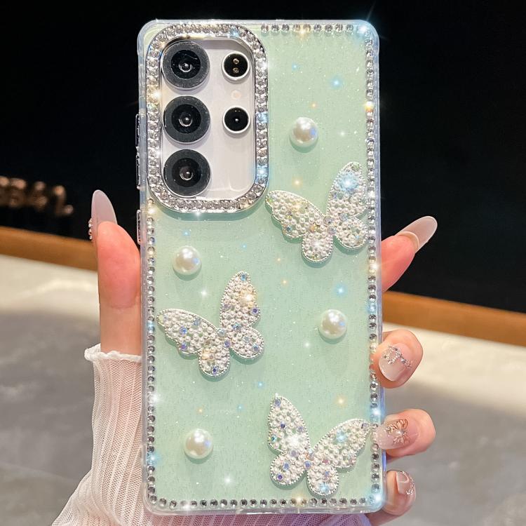 Funda para Samsung Galaxy S24 Ultra 5G con diseño de mariposa, con purpurina y diamantes, a prueba de golpes en las cuatro esquinas (verde claro)