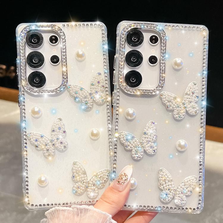 Funda transparente para Samsung Galaxy A26 5G con diseño de mariposa, con purpurina y diamantes en las cuatro esquinas, a prueba de golpes (transparente)