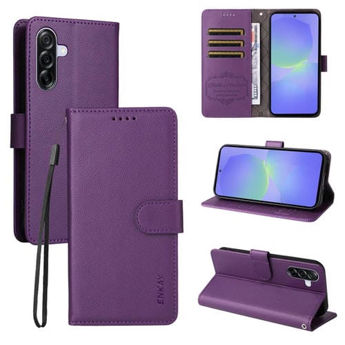 ENKAY - Funda de piel con textura de lichi y función atril para Samsung Galaxy A56 5G (morado)