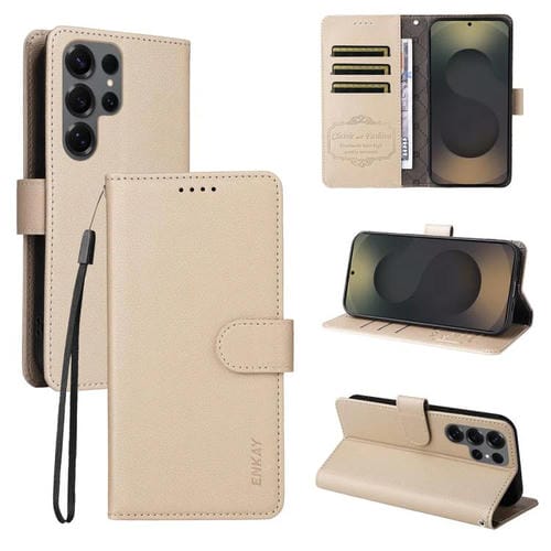 ENKAY - Funda de piel con textura de lichi y función atril para Samsung Galaxy S24 Ultra 5G (beige)