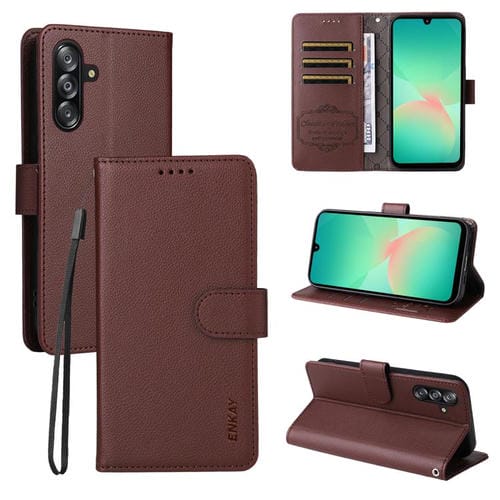 ENKAY - Funda de piel con textura de lichi y función atril para Samsung Galaxy A17 5G / A26 5G / A16 (marrón)