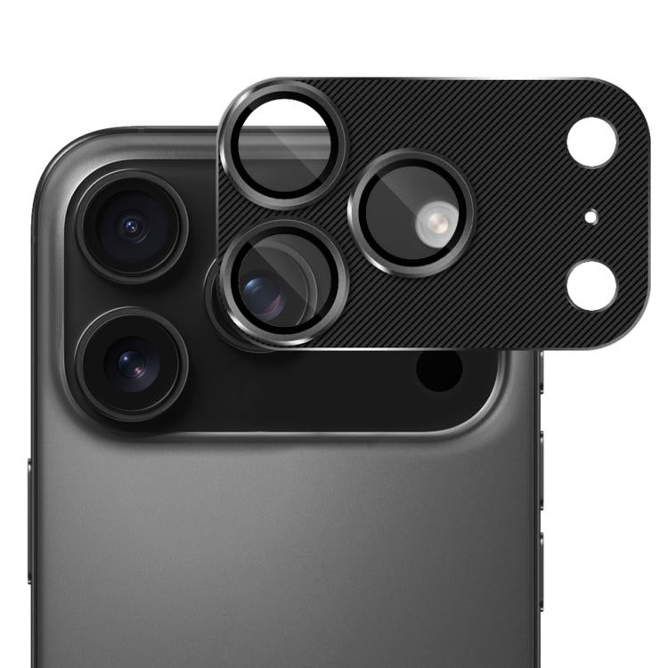 Película protectora de lente de vidrio templado ENKAY con textura de CD y aleación de aluminio para iPhone 17 Pro Max (negra)