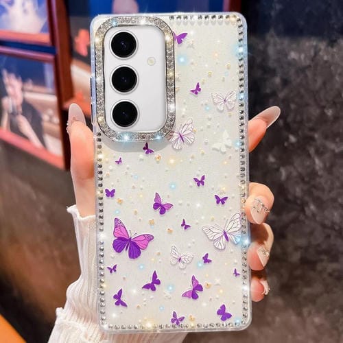Funda a prueba de golpes con diseño de mariposa y brillo de diamante para Samsung Galaxy S24+ 5G (Mariposa morada B6)