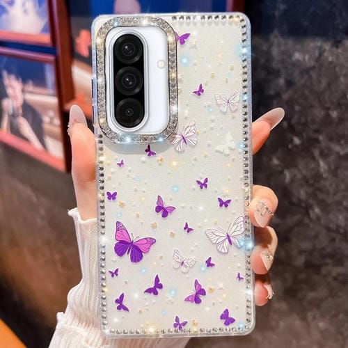 Funda a prueba de golpes con diseño de mariposa y brillo de diamante para Samsung Galaxy A36 (Mariposa morada B6)