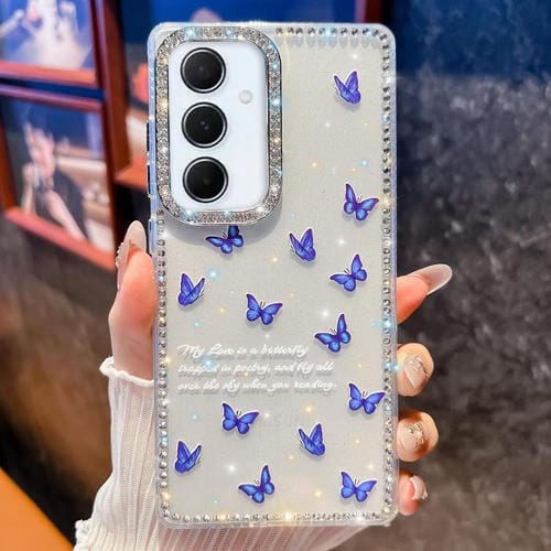 Funda a prueba de golpes con diseño de mariposa y brillo de diamante para Samsung Galaxy A35 5G (Mariposa azul B4)