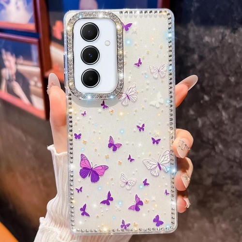Funda a prueba de golpes con diseño de mariposa y brillo de diamante para Samsung Galaxy A55 5G (Mariposa morada B6)