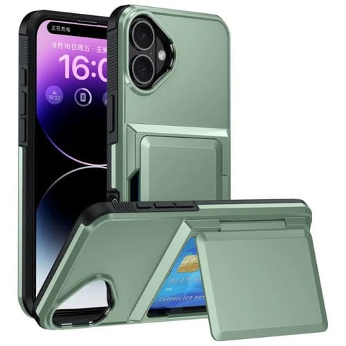 Funda abatible para iPhone 16 con tarjetero Kalebol, a prueba de golpes (verde militar)