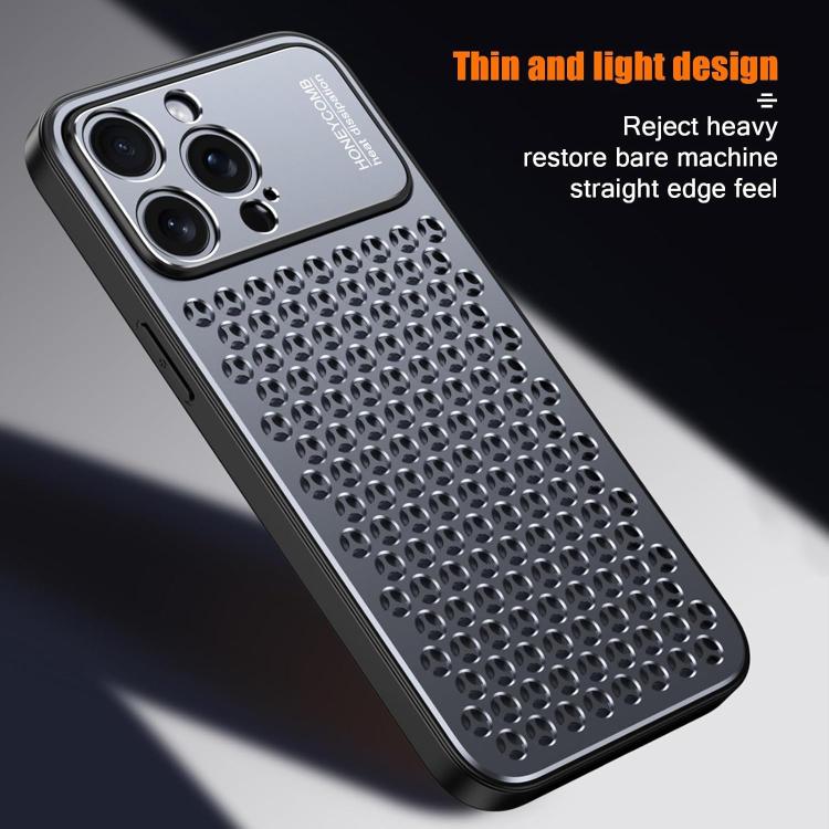 Funda hueca transpirable y refrescante de metal Kalebol para iPhone 16 Plus (gris)