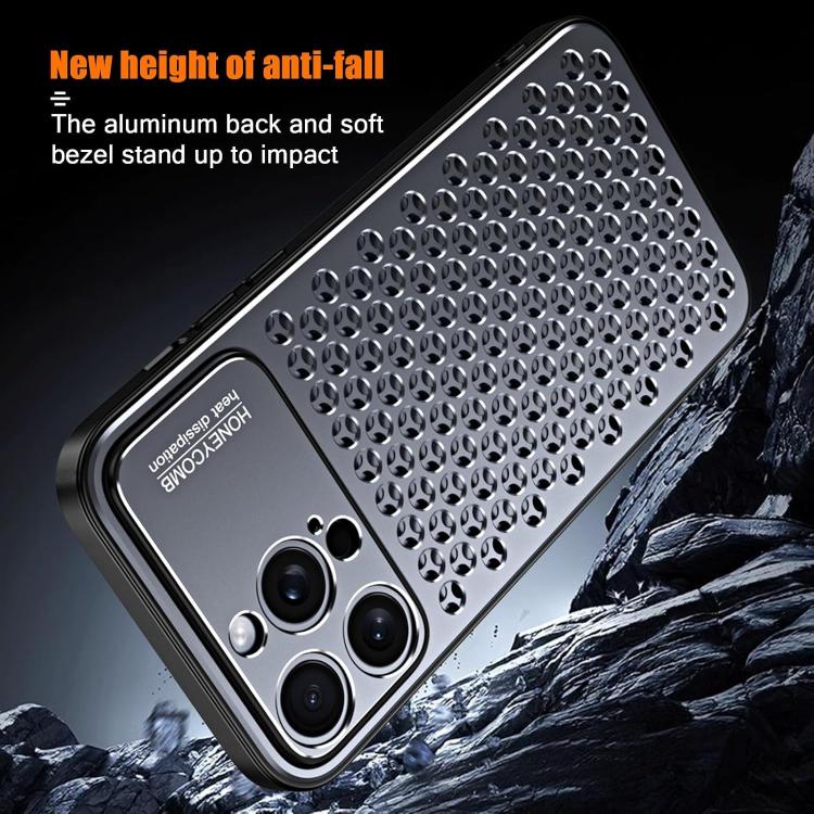 Funda hueca transpirable y refrescante de metal Kalebol para iPhone 15 Plus (gris)