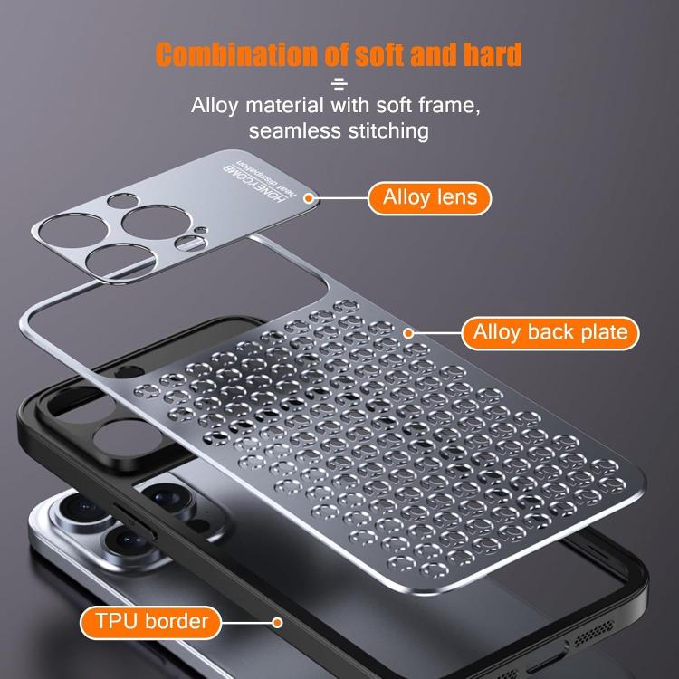 Funda hueca transpirable y refrescante de metal Kalebol para iPhone 15 Plus (gris)