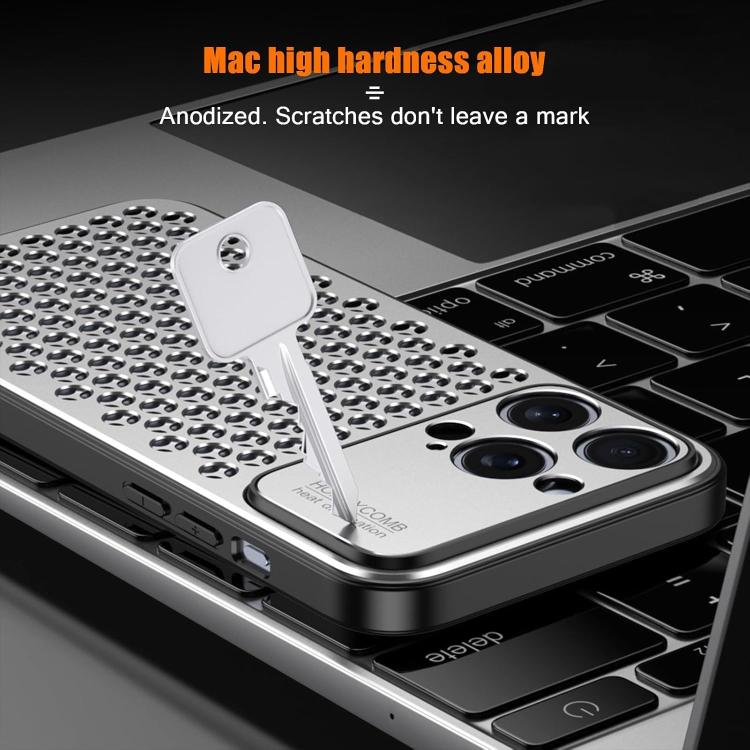 Funda hueca transpirable y refrescante de metal Kalebol para iPhone 15 Plus (gris)