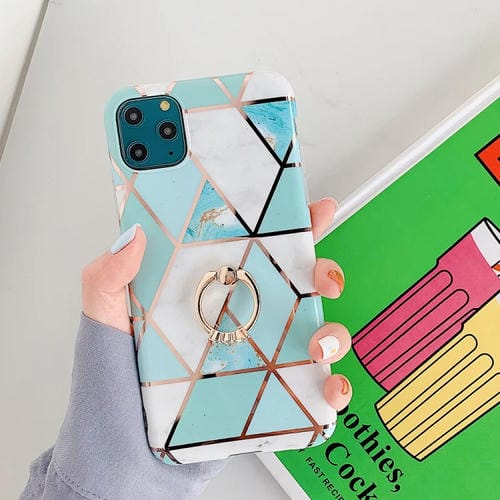 Funda para iPhone 11 Pro Max TPU Plating Patrón Geométrico Mosaico Mármol Anillo Soporte Diamantes de Imitación (Verde)