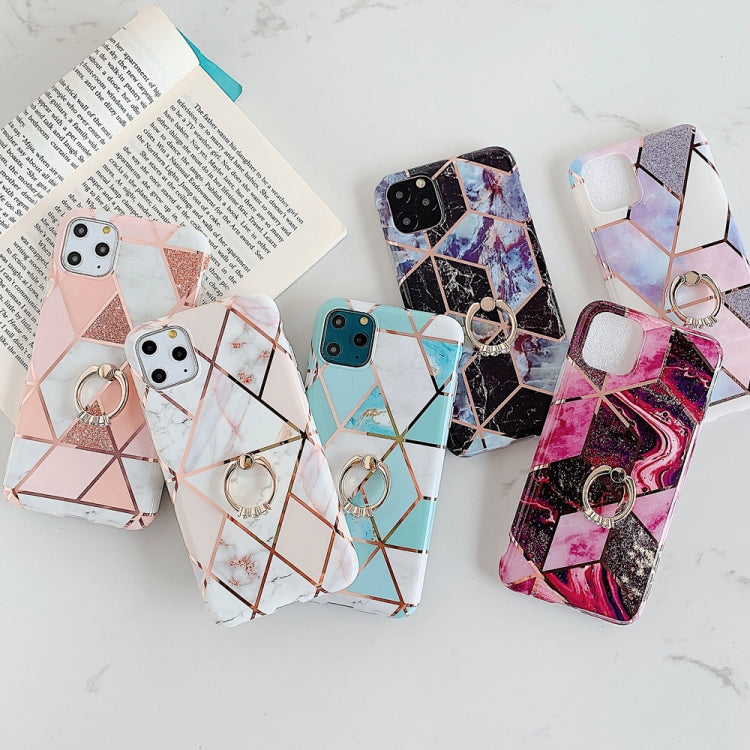 Funda para iPhone 11 Pro Max TPU Plating Patrón Geométrico Mosaico Mármol Anillo Soporte (Magenta)
