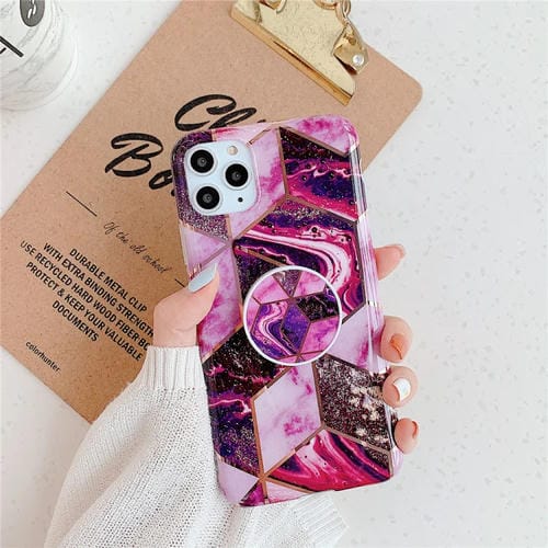 Funda para Teléfono Móvil iPhone 11 TPU con Patrón Geométrico Colorido Mosaico Mármol y Soporte Plegable (Magenta)