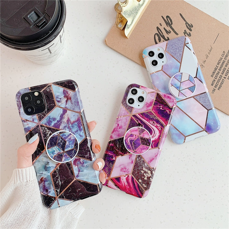 Funda para teléfono móvil iPhone 11 TPU con patrón geométrico colorido mosaico mármol y soporte plegable (Negro)