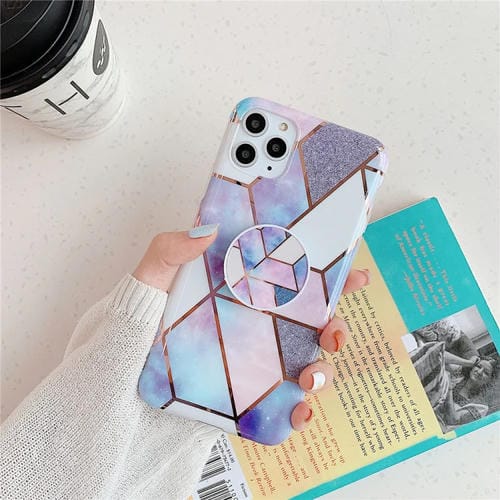 Caja para iPhone 11 Pro TPU Enchapado Patrón Geométrico Colorido Mosaico Mármol con Soporte Plegable (Azul)