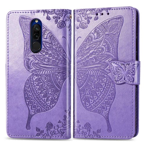 Para Xiaomi Redmi 8 Butterfly Love Flower Funda de Cuero con Tapa Horizontal En Relieve con Soporte Ranura para Tarjeta con Cordón Monedero